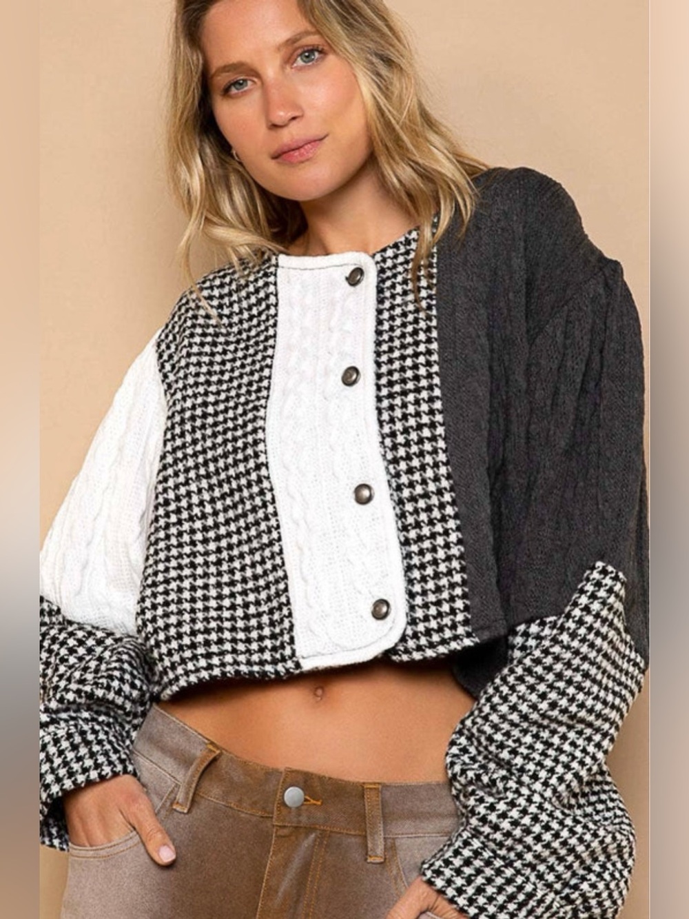 NWT POL Clothing Black Multi Houndstooth Jacquard Mixed Media Jacket ✨
